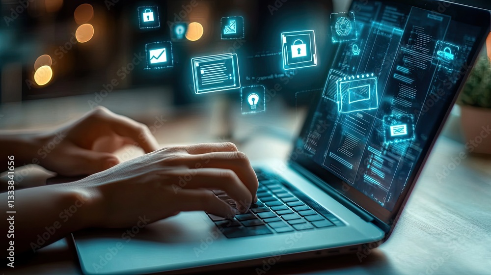 Aufkleber cybersecurity professional working on laptop with data encryption and protection icons