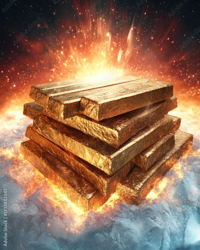 Poster golden bars stacked on fiery background with sparkles and flames