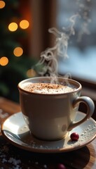 Steamy hot chocolate in a mug on a wooden table, hot chocolate, snowflakes, warm