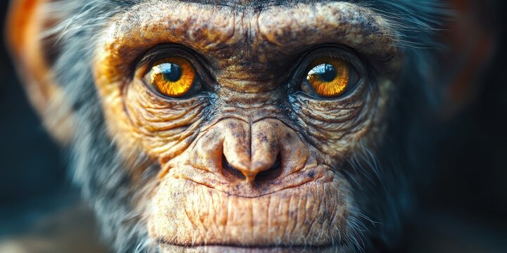 A close-up portrait of a monkey with striking golden eyes and detailed facial features, showcasing its expressive gaze and unique textures.