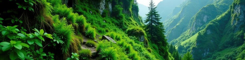 Fototapeta premium Steep mountain slope covered with dense foliage of ferns and mosses, greenery, plants