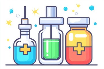 A colorful illustration of three medical vials with a syringe, featuring bright colors and a playful design, representing health and medication.