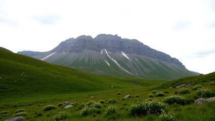 Serene Mountain Vista, A Tranquil Valley Unfolds Beneath A Majestic Grey Peak, Showcasing Patches Of Lingering Snow, Under A Soft, Cloudy Sky