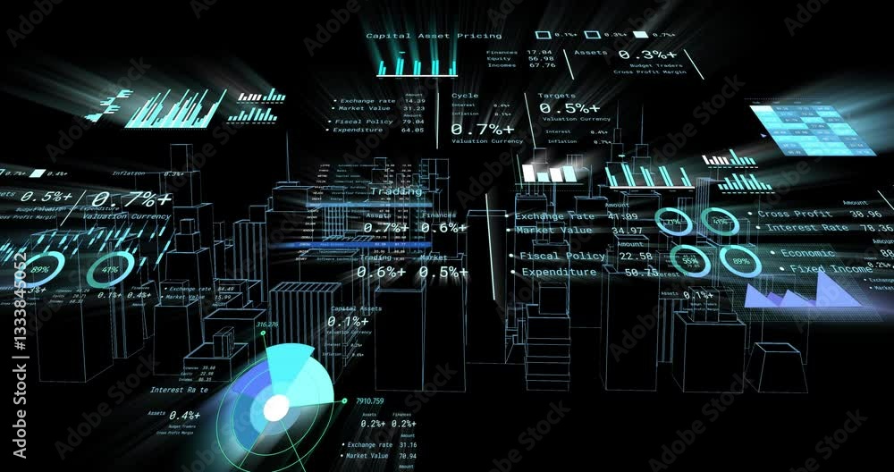 Poster financial data and graphs overlaying futuristic cityscape with animation elements