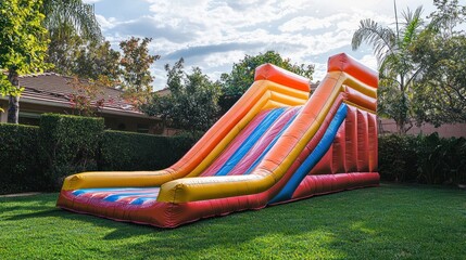 Inflatable slide fun in backyard sunny day