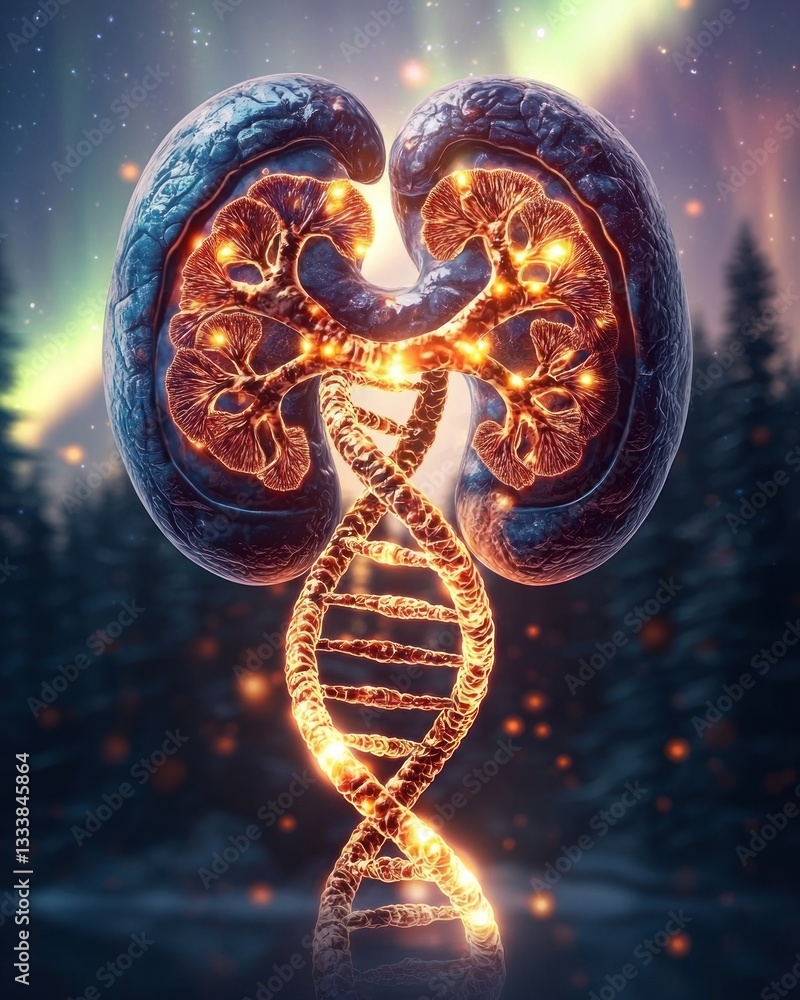 Poster human kidneys anatomy double exposure with dna structure effect