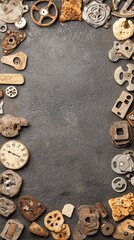 Border of old mechanical parts on stone surface creates frame. Grunge industrial pattern backdrop