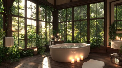 A serene bathroom features a freestanding tub surrounded by lush greenery and large windows. Soft candlelight enhances the tranquil atmosphere, inviting relaxation