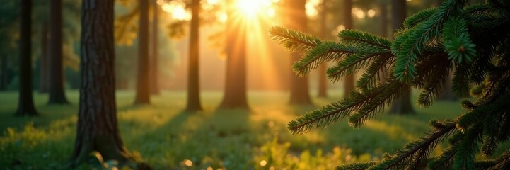 Warm sunlight filtering through spruce tree branches in forest, spruce, foliage