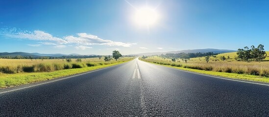 A long road leading into the distance with clear blue sky and sun shining down, green fields on both sides of asphalt pavement. 