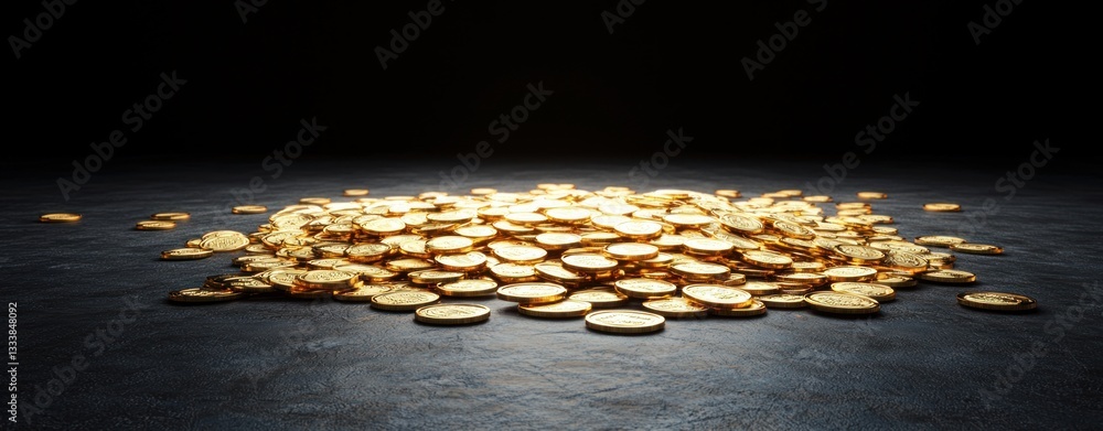 Aufkleber pile of gleaming gold coins on dark surface with shadow play