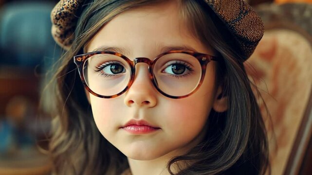 pretty young girl retro vintage 60s fashion portrait look cute and pretty wearing eyeglasses and Berette cap	
