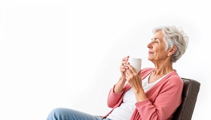 Elderly woman enjoying a moment of relaxation with a cup  