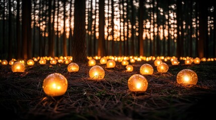 fireflies illuminating a dense forest at night, with an ultra-detailed glowing background, enhanced by soft, diffused lighting to capture a magical atmosphere