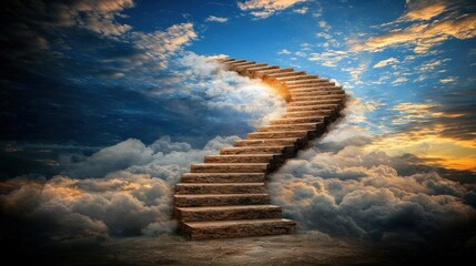 a staircase leading into the clouds, with an abstract soft-lit background, arranged by a professional photographer to capture a dreamlike, otherworldly atmosphere