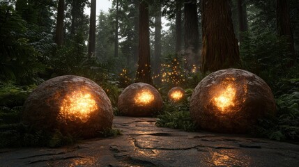 forest with glowing mushrooms and fireflies, with an ethereal misty background, shot in the studio with professional lighting to enhance the mystical atmosphere