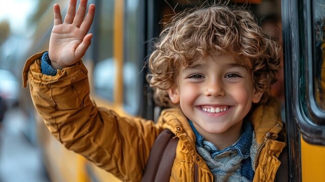 Happy boy waves goodbye from school bus window