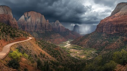 Naklejka premium Rugged Mountains and Winding Road Under a Dramatic Stormy Sky