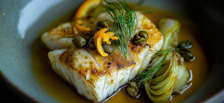 Close-up of a delicious roasted monkfish fillet served with caramelized orange zest, capers, and fennel, creating an elegant and flavorful dish.