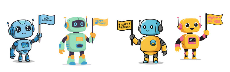Obraz premium Innovative Cute Robot Holding a Birthday Flag Stock Image