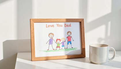 Children's drawing of family with "Love You Dad" message, Father's Day
