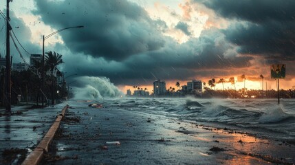 Fototapeta premium Strong winds, torrential rain, and high waves create a dramatic coastal scene. Dark clouds loom ominously over palm trees as sunset colors peek through
