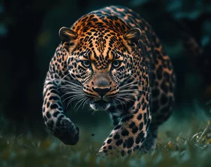 Tableau sur toile Animaux Majestic Leopard Gracefully Stalking Through Lush Greenery with Striking Facial Features and Wild Intensity in its Fur Patterns  © ANUAR