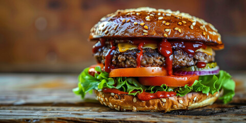 Delicious fresh juicy cheeseburger background. Classic hamburger concept poster. Burger of American kitchen banner. Raster bitmap digital realistic photo style illustration. AI artwork.