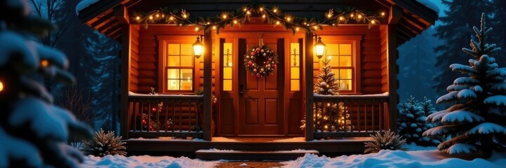 Warm yellow light spills from the doorway of a cozy cabin decorated with festive Christmas lights and evergreen garland, front door decor, christmas lights, cabin