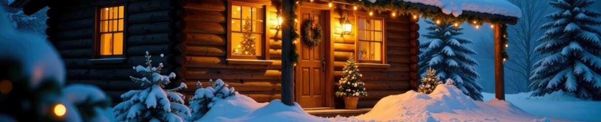 Warm yellow light spills from the doorway of a cozy cabin decorated with festive Christmas lights and evergreen garland, snow-covered landscape, wintery charm