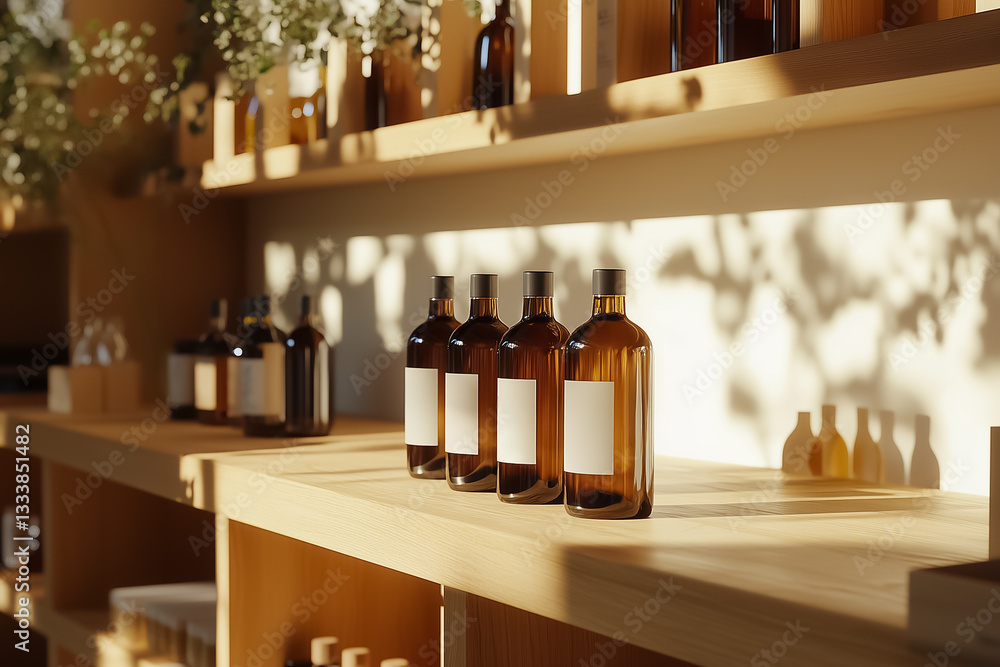 Poster soft sunlight filters through the window, highlighting elegant glass bottles arranged neatly on a wo