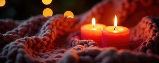 Warmly glowing candles on a thick yarn blanket, Christmas, candles