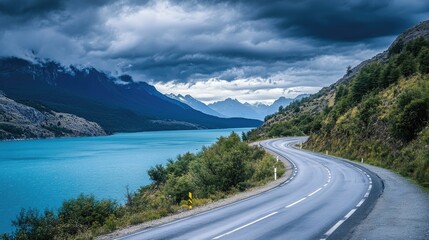 Fototapeta premium A Winding Road Travels Alongside Mountains And A Lake