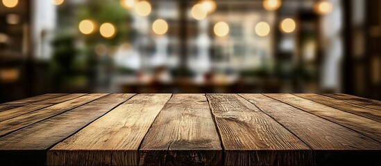 Empty wooden table top with a blurred bokeh background of a coffee shop or restaurant interior for product display and design key visual concept, mock-up template.