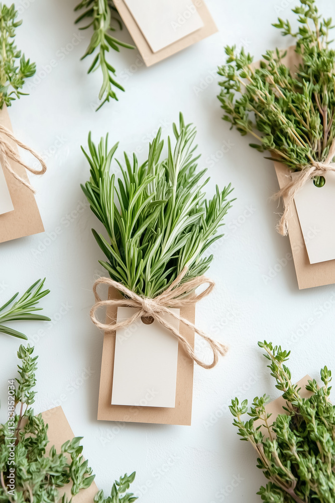 Poster a charming assortment of fresh herbs are tied with twine and labeled, creating an inviting atmospher