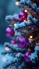 Warmly lit purple baubles on snowy branches shine brightly, warm, shine, light