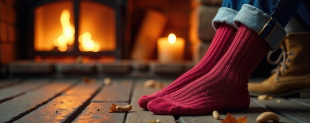 Obraz premium Warmth and softness of woolen socks next to crackling fireplace, fire, winter