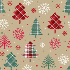 Seamless Pattern of Christmas Tree with Plaid Pattern and Snowflakes. Natural background- Christmas Vector Illustration