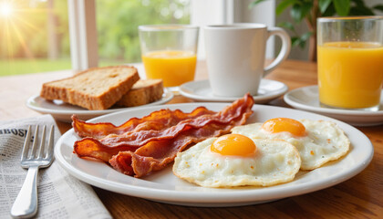 Breakfast plate with eggs, bacon, toast, and juice on wooden table