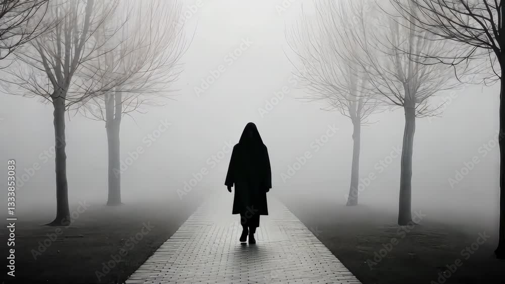Poster solitary figure in dark cloak walks down foggy path lined with bare trees, creating mysterious and e