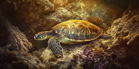 Fototapeta premium peaceful turtle resting on coral outcrop underwater
