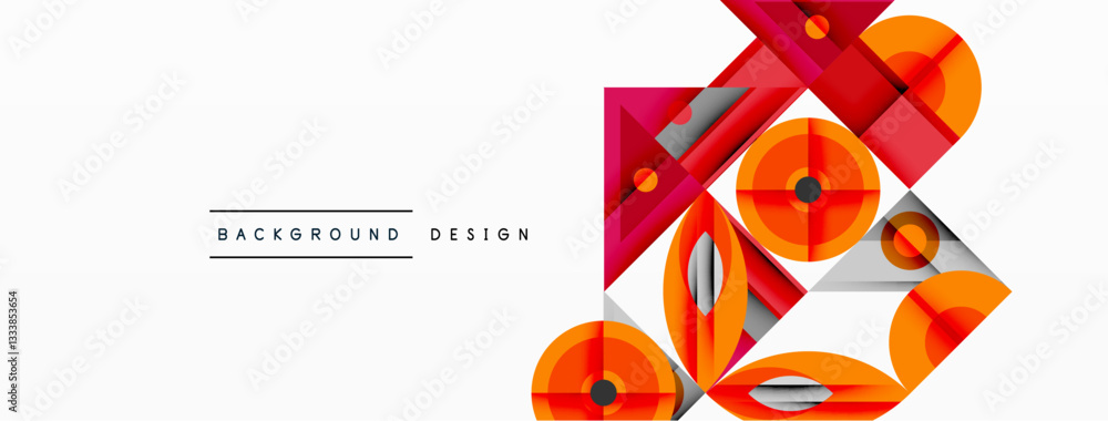 Poster Geometric abstract composition with intersecting shapes, circles, triangles, and gradients, blending vibrant colors and dynamic contrasts to create a modern, futuristic visual design