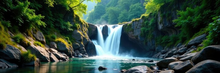 Fototapeta premium Water cascades down rocky cliffs amidst dense forest, terrain, forest, rock