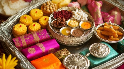 Festive Indian Sweets And Gifts Arranged On A Silver Tray
