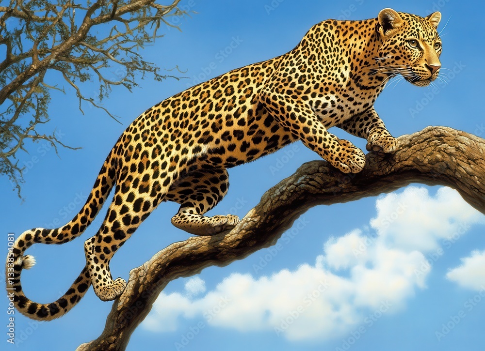 Poster majestic leopard in dynamic leap on a tree branch beneath a clear blue sky with fluffy white clouds 