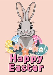 Easter Banner With Cute Easter Bunny Flower Illustration