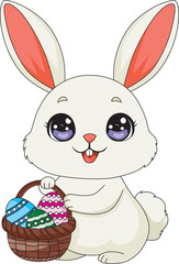 Obraz premium Cute White Bunny With Egg Basket Easter Illustration
