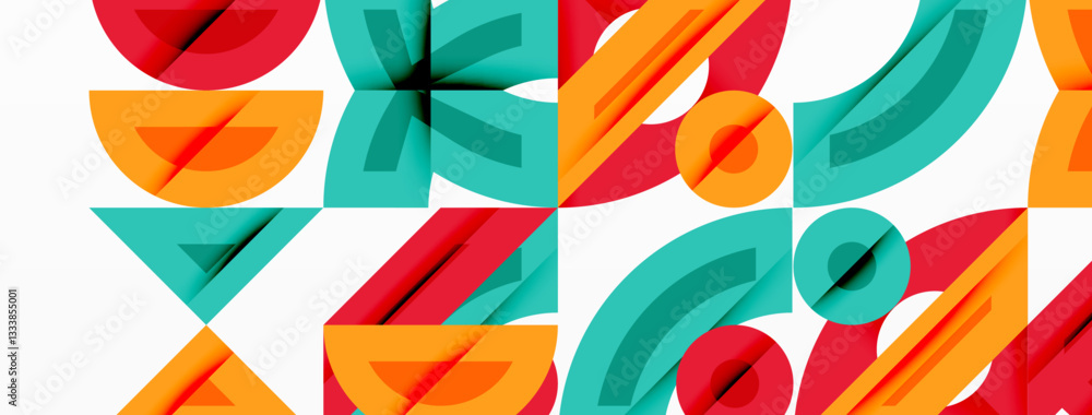 Poster Abstract geometric background with shapes, featuring circular and rounded elements. Bold contrast, smooth gradients, dynamic composition, futuristic style