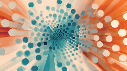 The image is an abstract composition featuring a radial pattern of teal and orange circles and lines. The circles vary in size and are arranged in a way that creates a sense of depth and movement,