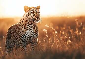 Majestic Leopard in Golden Grassland Under Sunset Light, Captured in Natural Habitat, Showcasing Beautiful Spots and Intense Gaze of Wild Animal